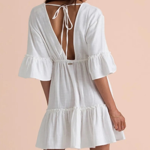 Boho Ruffle Tiered Bell Sleeve Mini Dress Plunge Cover Up Top White - Picture 9 of 11